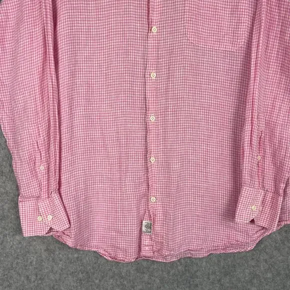 Peter Millar Linen Shirt Mens 16.5 Long Pink Check Button Up Long Sleeve Classic - Picture 4 of 13